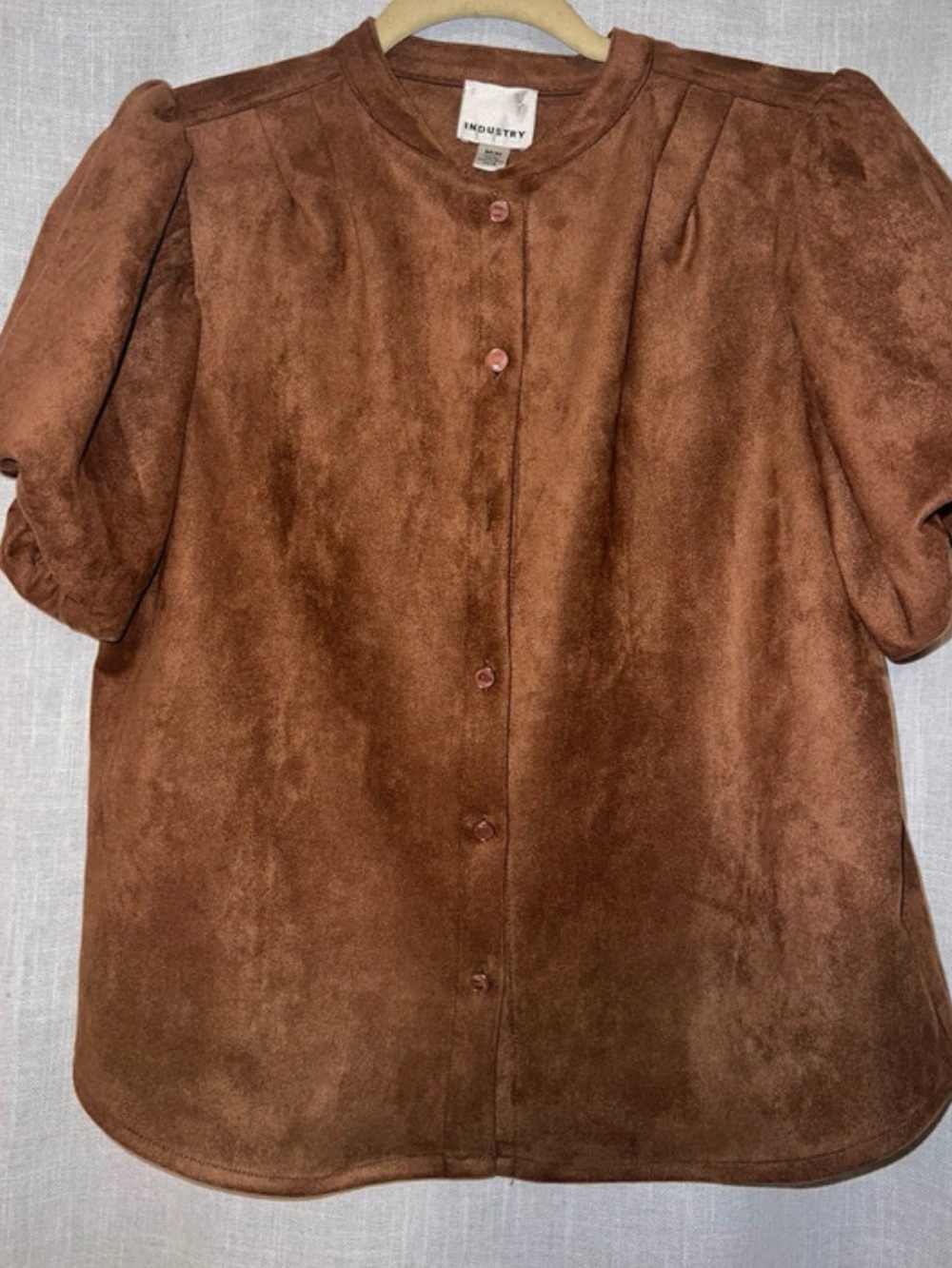 Industry Brown Suede-Look Button Front Puff Sleeve Top